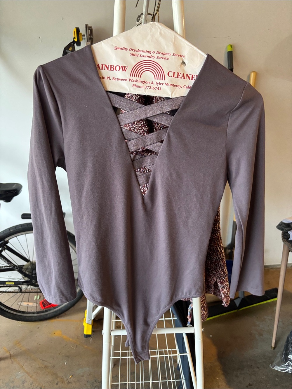 Victoria's Secret Long-Sleeve Plunge Bodysuit in Slate Gray with Lace-Up Front